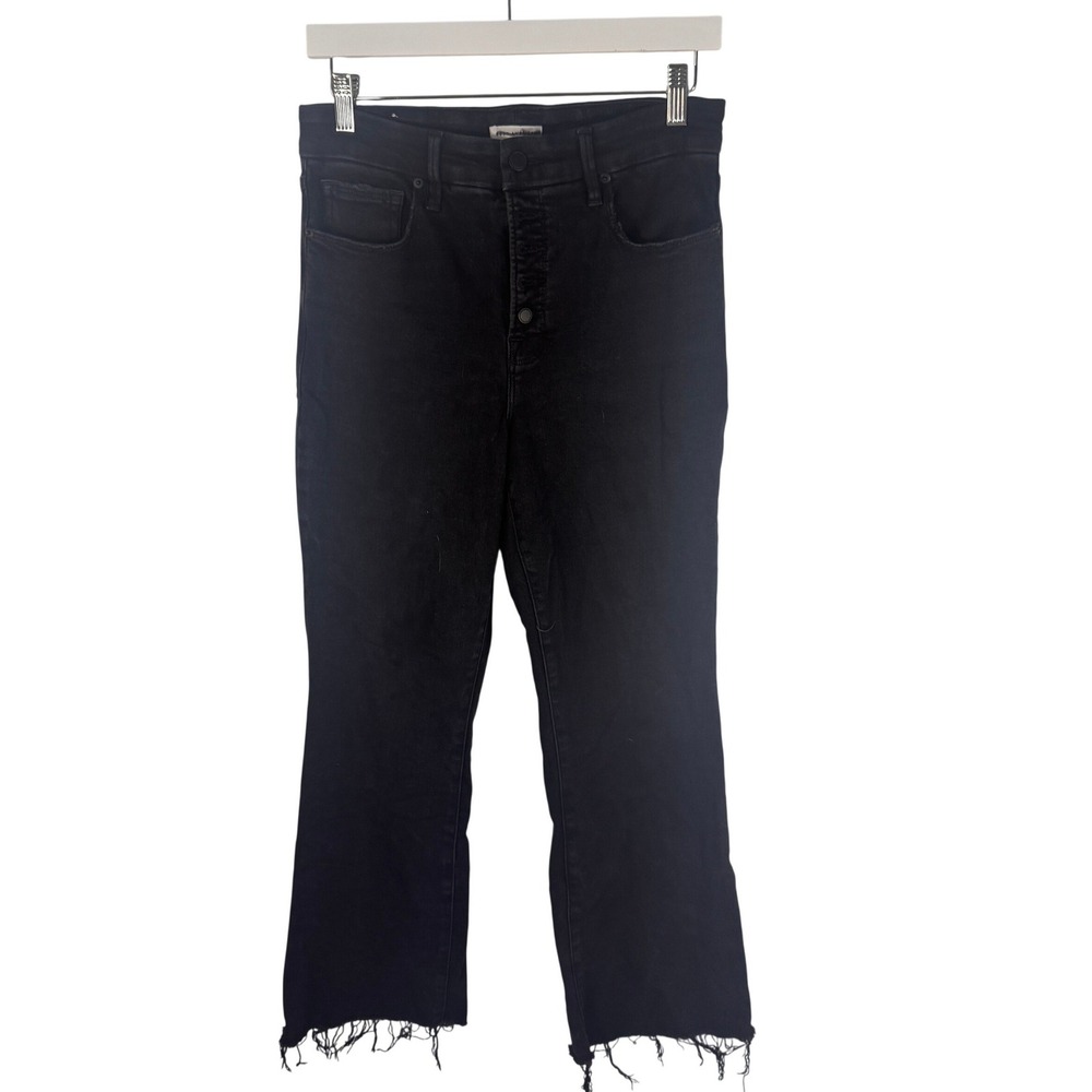 Good American Jeans‎ Crop Wide Leg Raw Hem Exposed Button 8/29 Black Womens